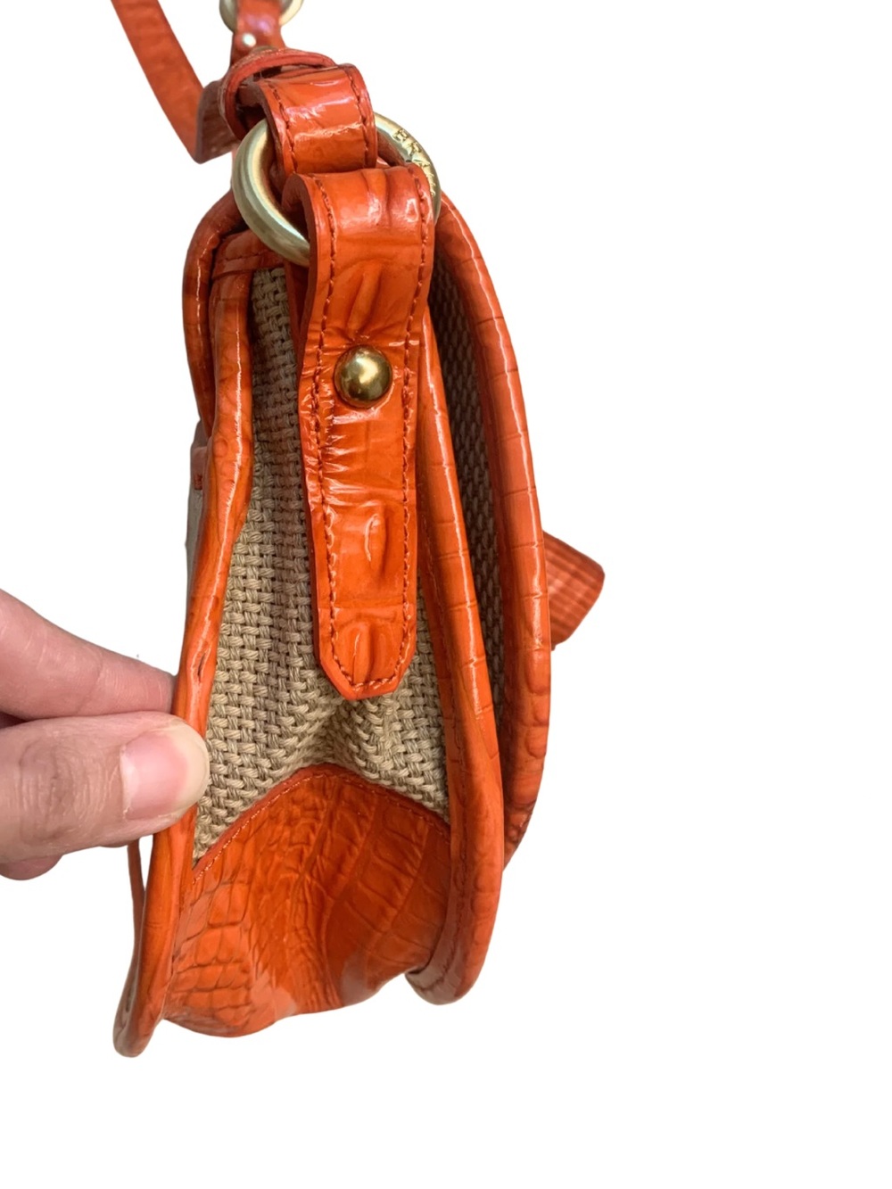 BRAHMIN Orange Leather Tan Raffia Crossbody Saddle Bag Coastal Nautical Preppy - Picture 4 of 10